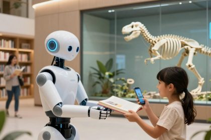 A robot hands a book to a smiling child holding a smartphone in a library. A dinosaur skeleton is displayed in the background.