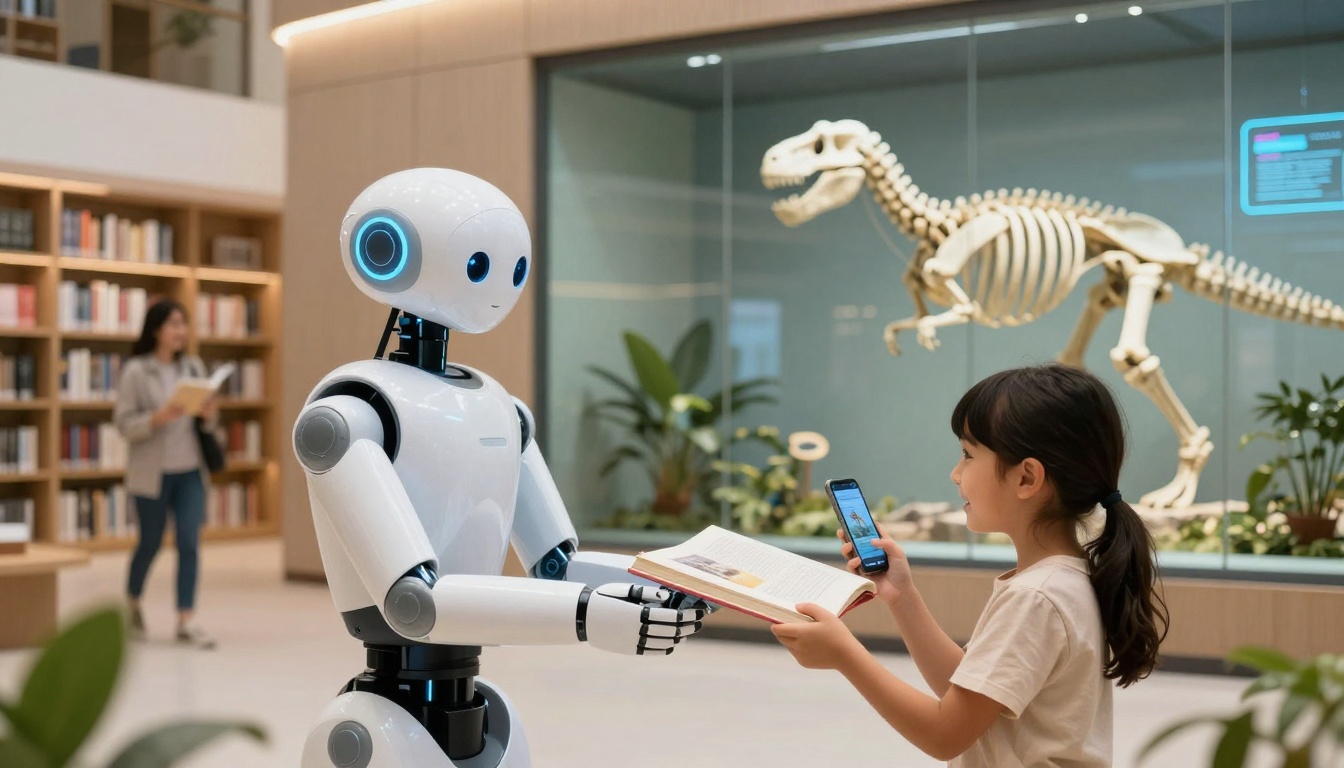 A robot hands a book to a smiling child holding a smartphone in a library. A dinosaur skeleton is displayed in the background.