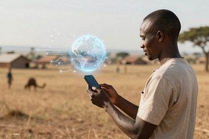 A man stands in a field using a smartphone. A digital globe with network lines hovers nearby. Background has huts and trees.