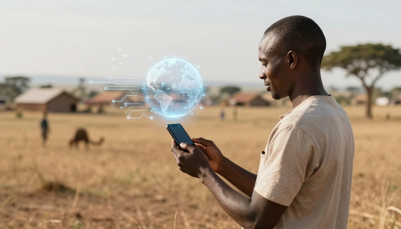 A man stands in a field using a smartphone. A digital globe with network lines hovers nearby. Background has huts and trees.