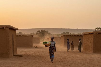 A woman walks through a dusty village pathway carrying a basket of vegetables on her head. She wears a patterned skirt and headscarf. Mud brick houses and three people are in the background, with a hazy sunset sky and distant hills.