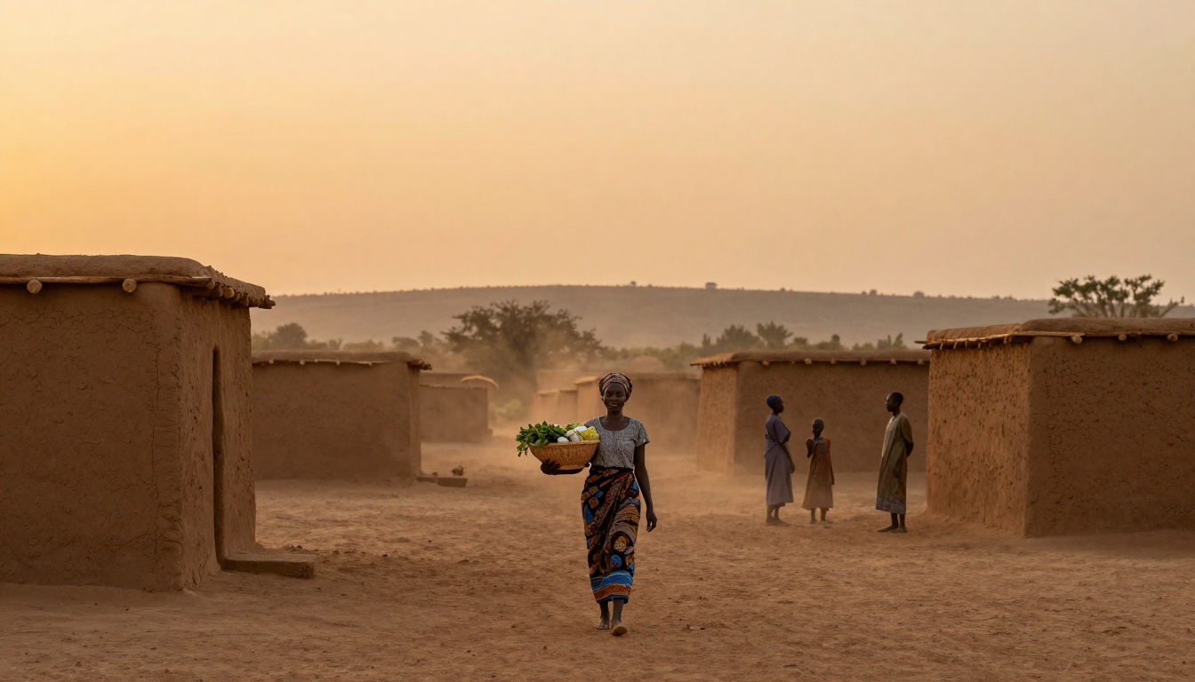 A woman walks through a dusty village pathway carrying a basket of vegetables on her head. She wears a patterned skirt and headscarf. Mud brick houses and three people are in the background, with a hazy sunset sky and distant hills.