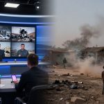 A split image shows a news studio on the left with two people at a desk, multiple screens displaying images of destruction, and a cameraman. On the right, a dusty outdoor scene depicts children and adults amidst debris and smoke near damaged buildings.