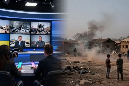 A split image shows a news studio on the left with two people at a desk, multiple screens displaying images of destruction, and a cameraman. On the right, a dusty outdoor scene depicts children and adults amidst debris and smoke near damaged buildings.