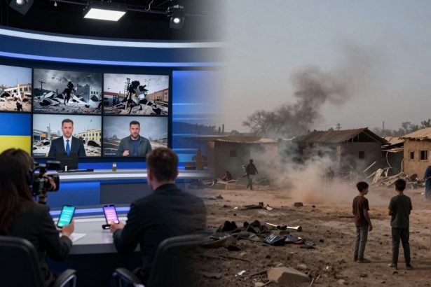A split image shows a news studio on the left with two people at a desk, multiple screens displaying images of destruction, and a cameraman. On the right, a dusty outdoor scene depicts children and adults amidst debris and smoke near damaged buildings.