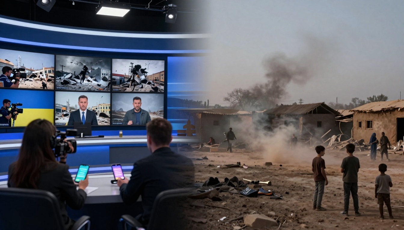 A split image shows a news studio on the left with two people at a desk, multiple screens displaying images of destruction, and a cameraman. On the right, a dusty outdoor scene depicts children and adults amidst debris and smoke near damaged buildings.