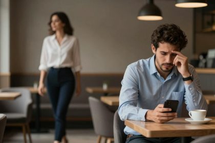 A man in a blue shirt sits at a cafe table, looking at his phone with a concerned expression. A woman in a white blouse walks in the background.