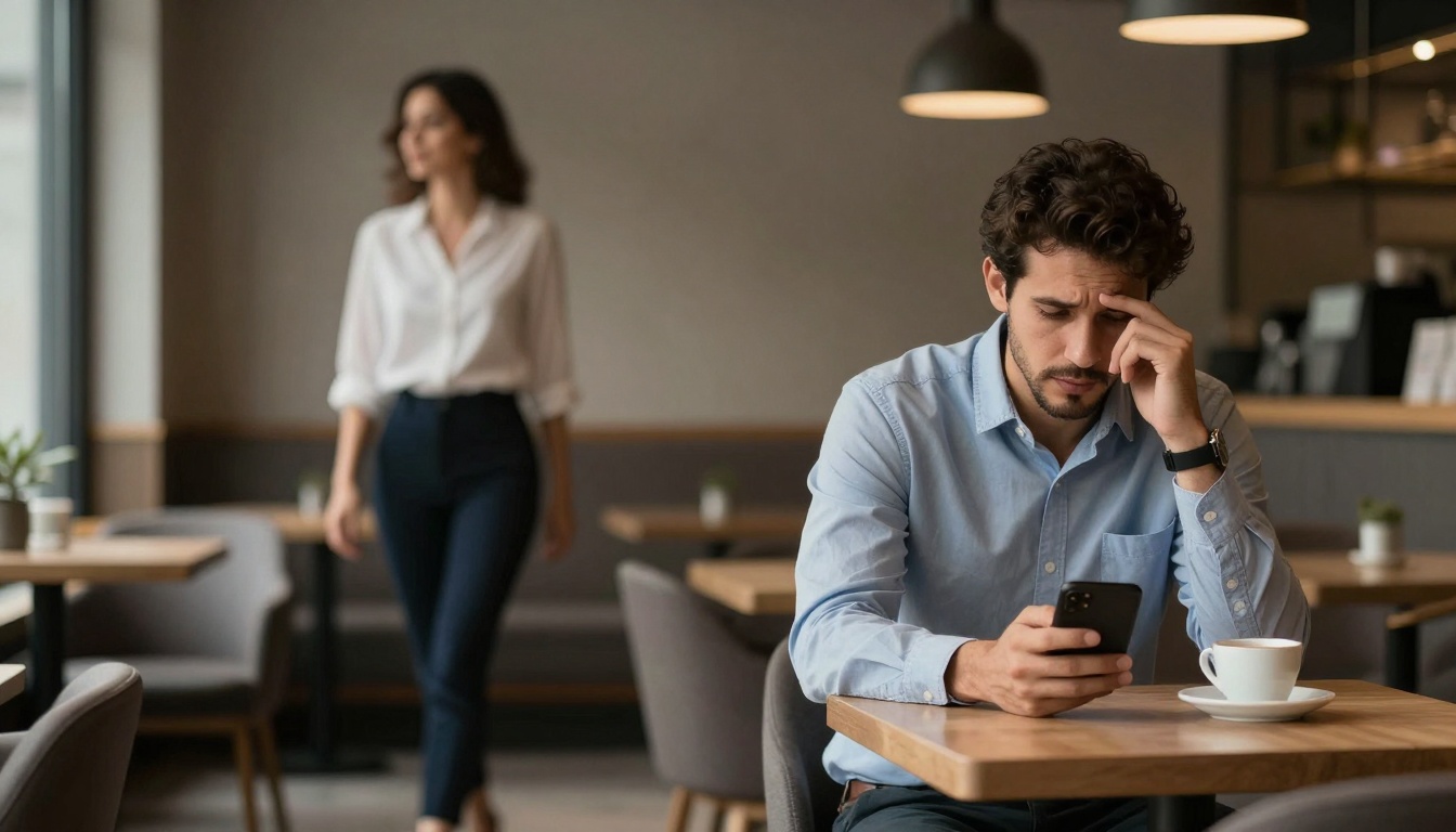 A man in a blue shirt sits at a cafe table, looking at his phone with a concerned expression. A woman in a white blouse walks in the background.