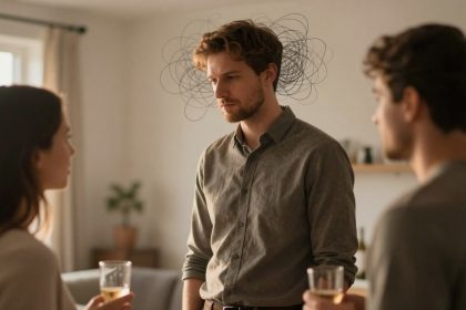 A man with a serious expression stands in a living room between a woman and another man holding drinks. A scribble pattern hovers above his head, indicating confusion or stress.