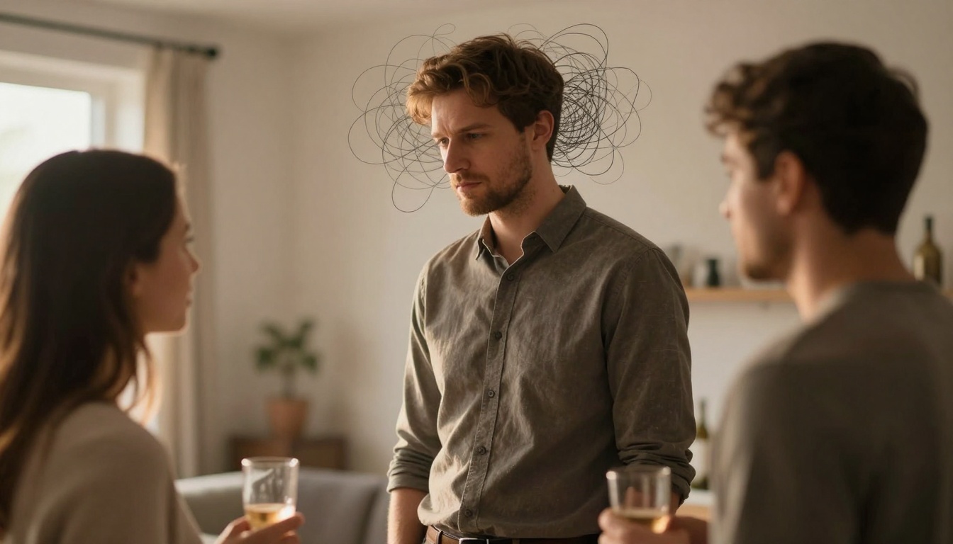 A man with a serious expression stands in a living room between a woman and another man holding drinks. A scribble pattern hovers above his head, indicating confusion or stress.