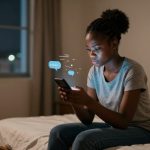 A young person sits on a bed in a dimly lit room, focused on a smartphone. Blue chat bubbles are illustrated above the phone.