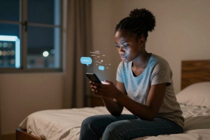 A young person sits on a bed in a dimly lit room, focused on a smartphone. Blue chat bubbles are illustrated above the phone.
