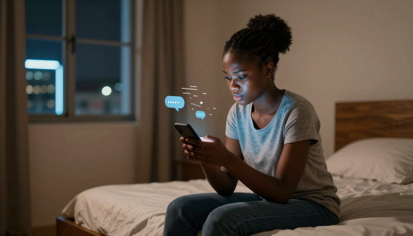 A young person sits on a bed in a dimly lit room, focused on a smartphone. Blue chat bubbles are illustrated above the phone.