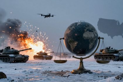A snow-covered battlefield with four tanks, an explosion, and smoke in the background. A globe on scales is in the foreground, with a drone flying above and a silhouette of the USA map in the sky.
