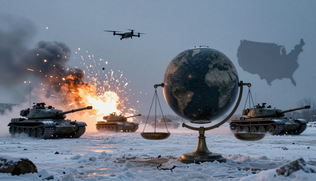 A snow-covered battlefield with four tanks, an explosion, and smoke in the background. A globe on scales is in the foreground, with a drone flying above and a silhouette of the USA map in the sky.