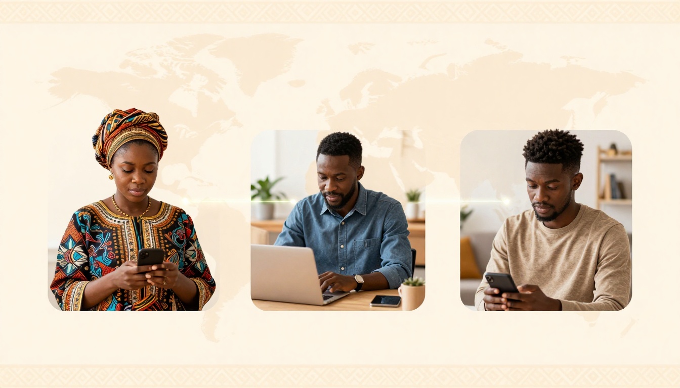 Three people are depicted against a light world map background. The first person, wearing a colorful patterned outfit and headwrap, looks at a phone. The second person, in a blue shirt, works on a laptop with plants in the background. The third person, in a beige shirt, also looks at a phone with shelves behind him.
