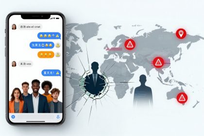 A smartphone displaying a chat app with emojis and text overlays a world map. Red alert icons are marked on Asia and Europe. Silhouettes of people and a cracked glass effect are visible on the map.