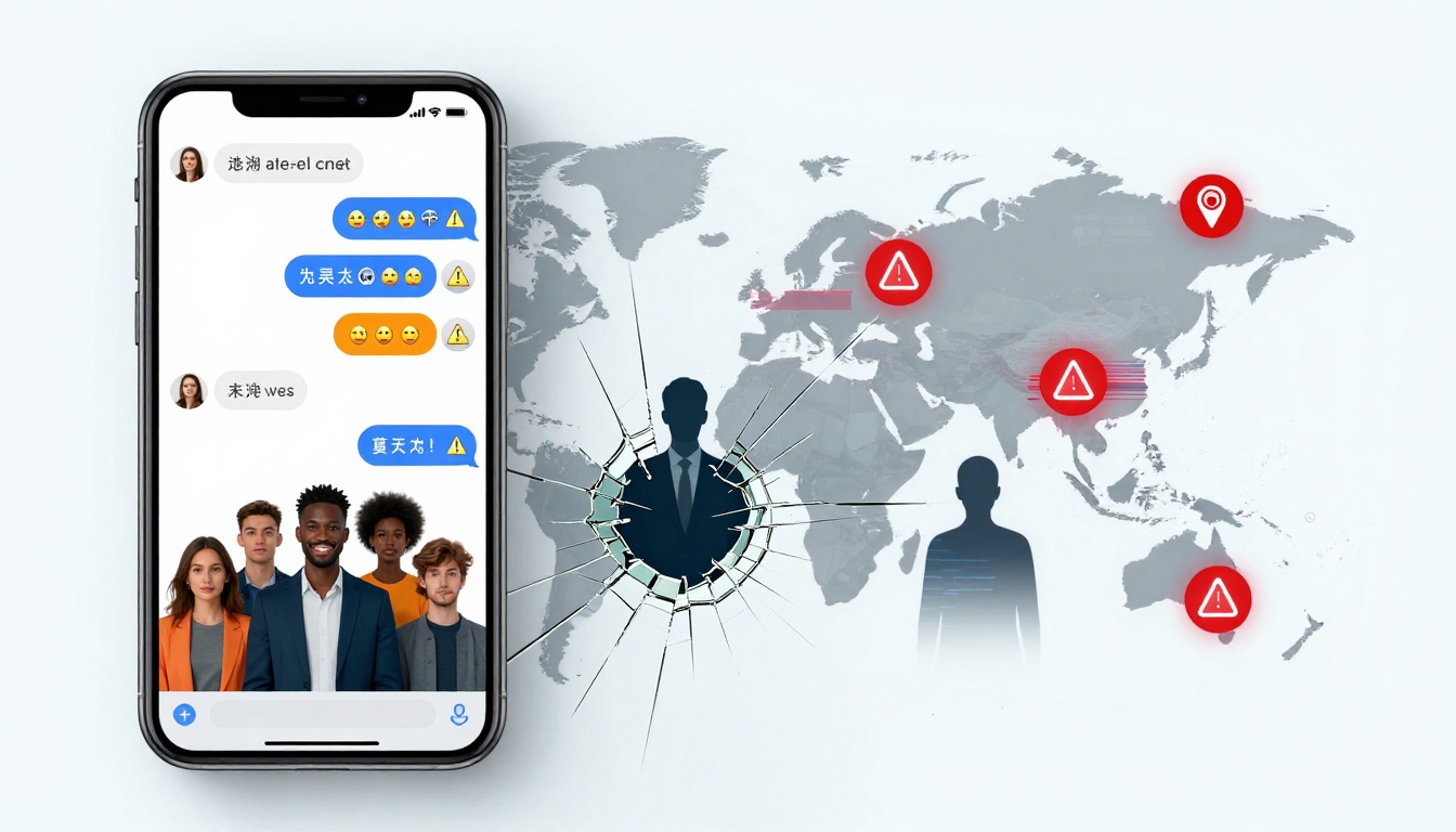 A smartphone displaying a chat app with emojis and text overlays a world map. Red alert icons are marked on Asia and Europe. Silhouettes of people and a cracked glass effect are visible on the map.