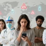 A worried woman holds a smartphone, surrounded by diverse healthcare workers, including a person in protective gear and a doctor. A world map with warning icons is in the background.