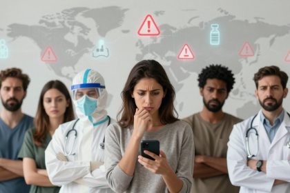 A worried woman holds a smartphone, surrounded by diverse healthcare workers, including a person in protective gear and a doctor. A world map with warning icons is in the background.