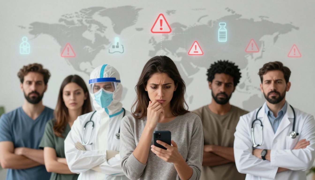 A worried woman holds a smartphone, surrounded by diverse healthcare workers, including a person in protective gear and a doctor. A world map with warning icons is in the background.