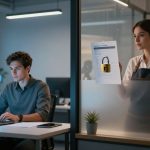 A man sits at a desk using a laptop with digital graphs floating nearby, while a woman holds a document with a padlock icon on glass.