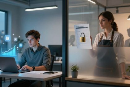 A man sits at a desk using a laptop with digital graphs floating nearby, while a woman holds a document with a padlock icon on glass.