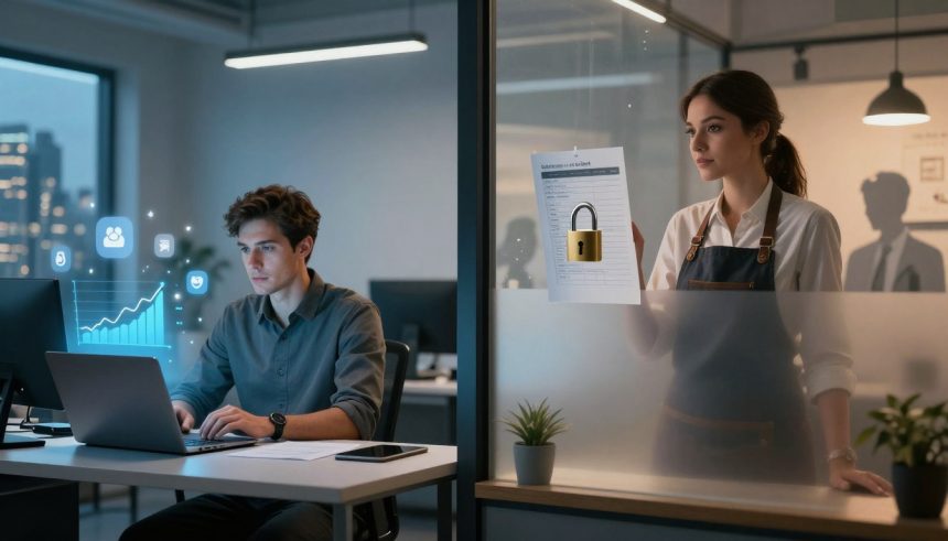 A man sits at a desk using a laptop with digital graphs floating nearby, while a woman holds a document with a padlock icon on glass.