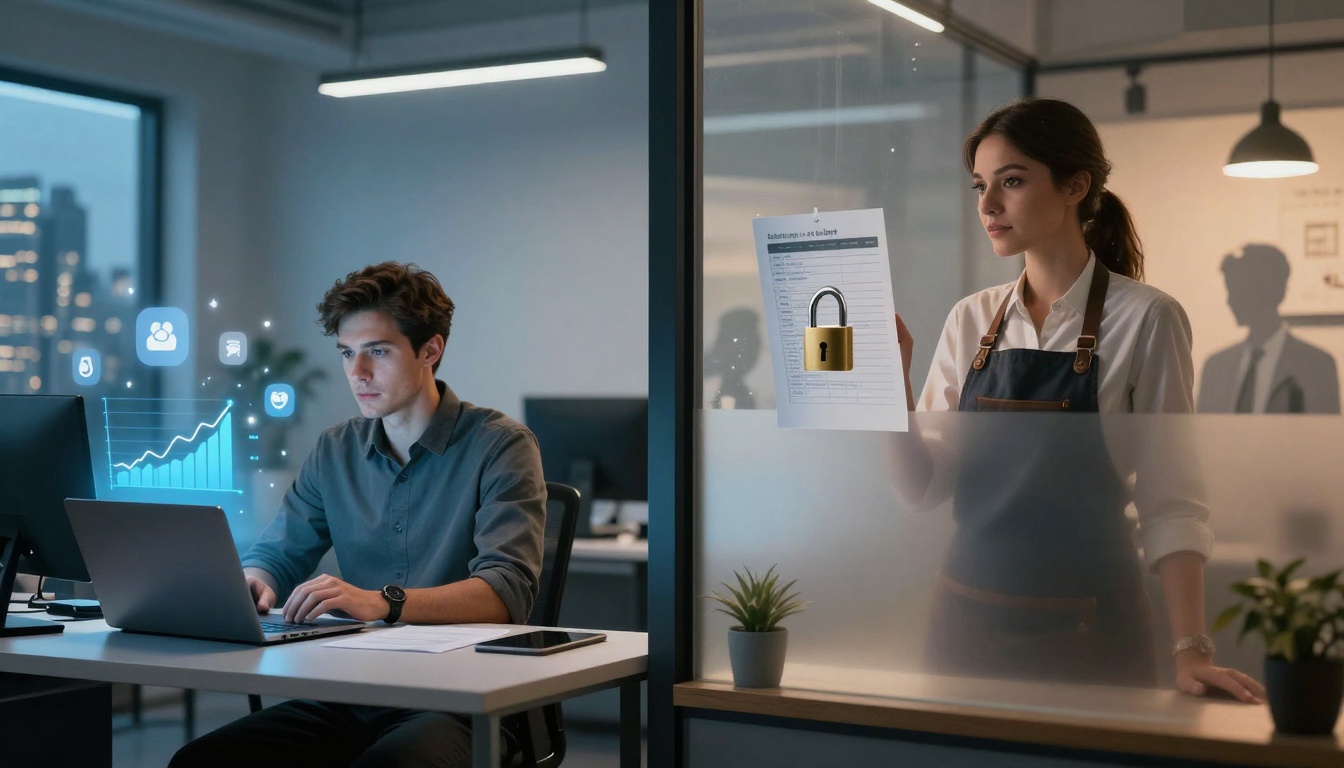 A man sits at a desk using a laptop with digital graphs floating nearby, while a woman holds a document with a padlock icon on glass.