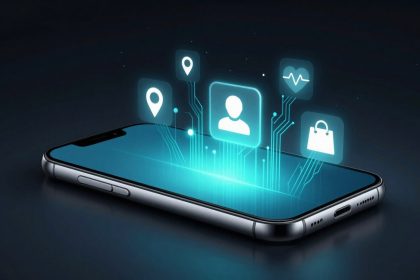 A smartphone with glowing holographic icons above it, including a person, location pin, heart rate, and shopping bag, on a dark background.