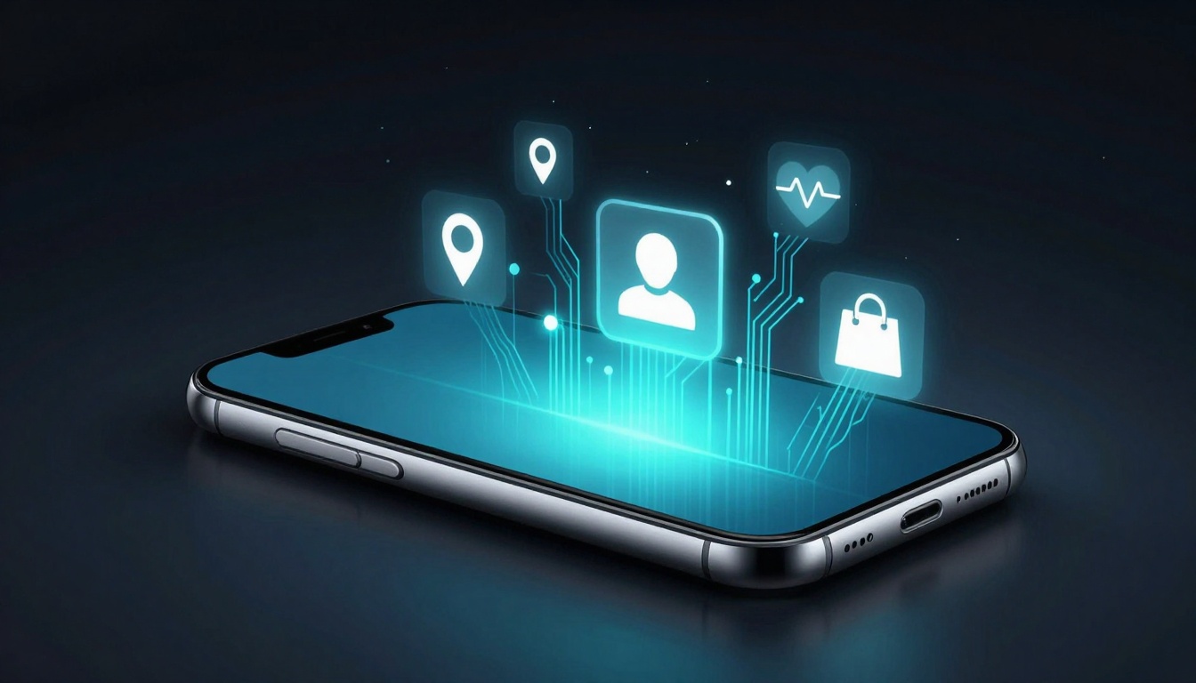 A smartphone with glowing holographic icons above it, including a person, location pin, heart rate, and shopping bag, on a dark background.