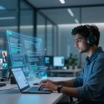 A person wearing headphones works on a laptop in an office. Holographic screens display code and video calls. The setting is modern and dimly lit.