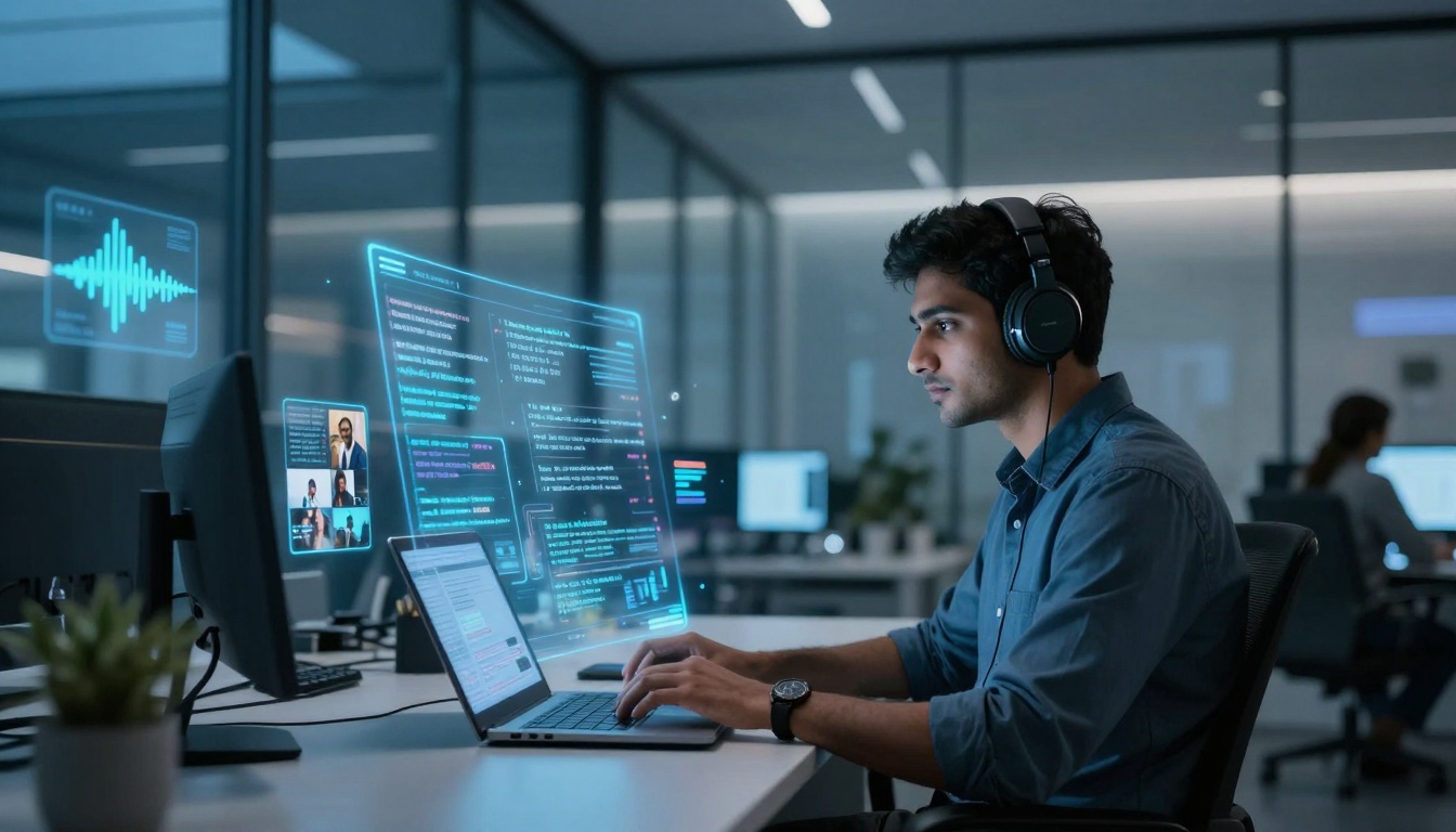 A person wearing headphones works on a laptop in an office. Holographic screens display code and video calls. The setting is modern and dimly lit.