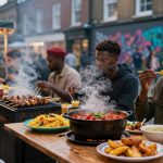 People enjoying a meal at an outdoor market. A man eats with chopsticks near a table filled with vibrant dishes, including rice and stew. Smoke rises from a grill with skewers. Warm lights hang above, and a colorful mural is visible in the background.