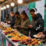 Street food market with people selecting dishes from colorful platters of skewers and rice. One person wears headphones, others use phones.