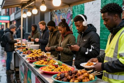 Street food market with people selecting dishes from colorful platters of skewers and rice. One person wears headphones, others use phones.