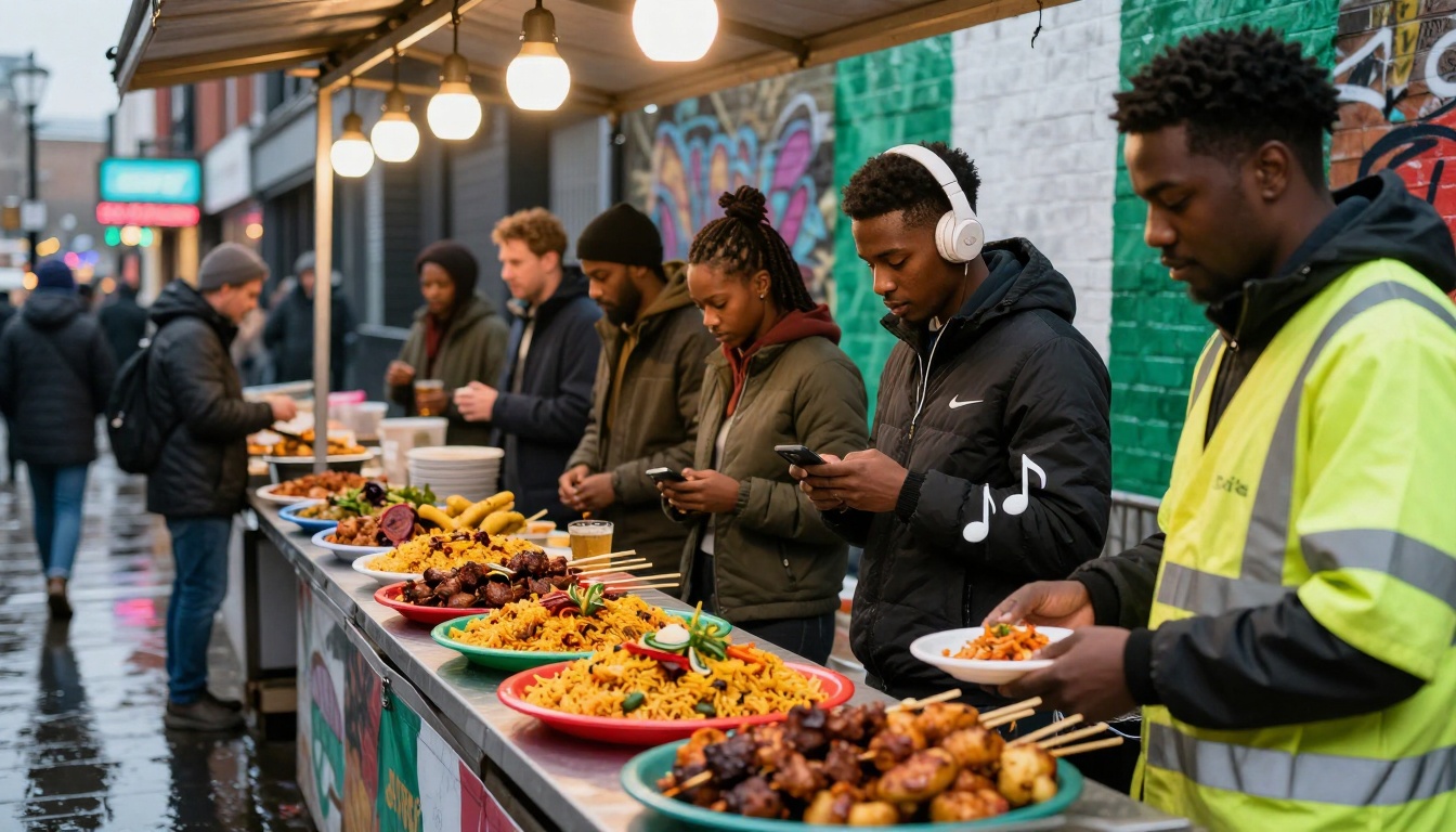 Street food market with people selecting dishes from colorful platters of skewers and rice. One person wears headphones, others use phones.