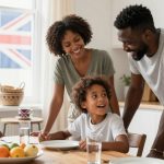 A family of five is gathered around a wooden dining table in a bright kitchen. Two adults and three children are smiling and conversing. A bowl of fruit and glasses of water are on the table. A Union Jack flag is visible through the window in the background.