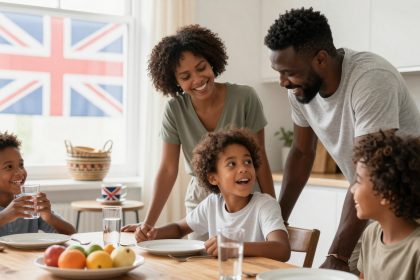 A family of five is gathered around a wooden dining table in a bright kitchen. Two adults and three children are smiling and conversing. A bowl of fruit and glasses of water are on the table. A Union Jack flag is visible through the window in the background.