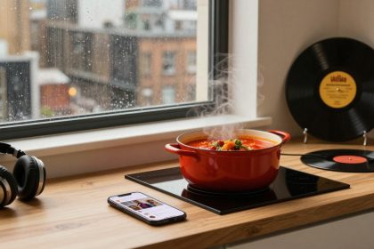 A steaming red pot of soup on a stovetop sits on a wooden counter by a rain-speckled window. Nearby are headphones, a smartphone, and vinyl records.