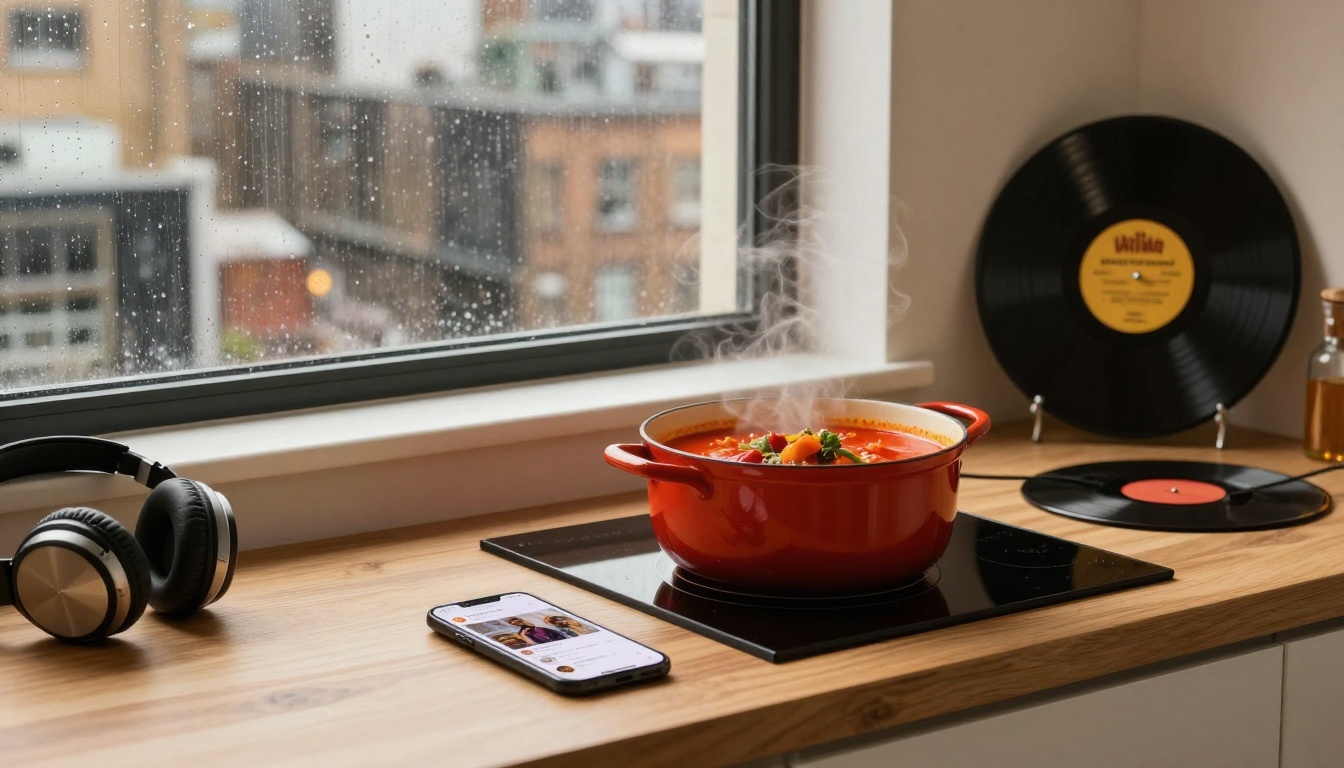 A steaming red pot of soup on a stovetop sits on a wooden counter by a rain-speckled window. Nearby are headphones, a smartphone, and vinyl records.