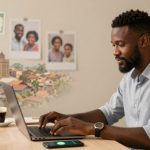 A man in a light blue shirt types on a laptop at a desk. A steaming coffee cup and smartphone are nearby. The wall has family photos, a dollar bill, and a cityscape mural. A small plant is on the desk.