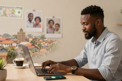 A man in a light blue shirt types on a laptop at a desk. A steaming coffee cup and smartphone are nearby. The wall has family photos, a dollar bill, and a cityscape mural. A small plant is on the desk.