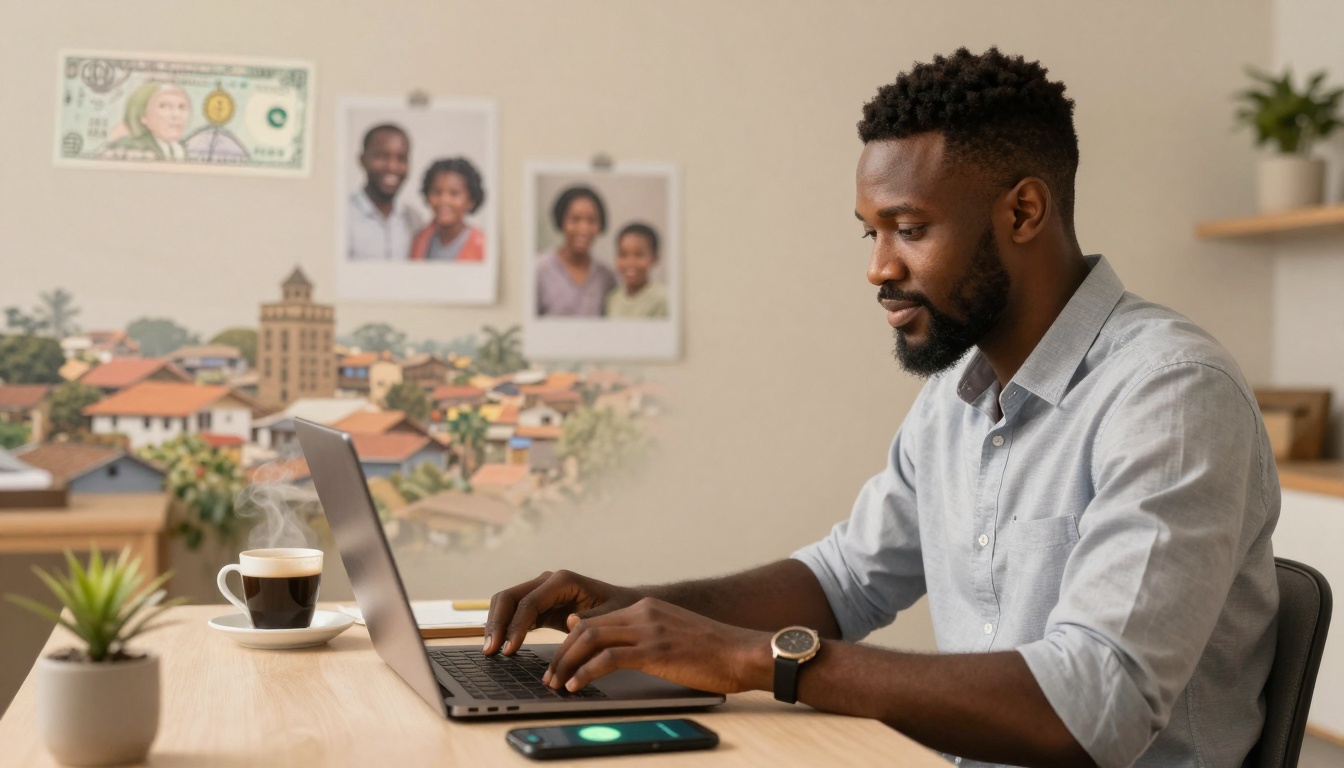 A man in a light blue shirt types on a laptop at a desk. A steaming coffee cup and smartphone are nearby. The wall has family photos, a dollar bill, and a cityscape mural. A small plant is on the desk.