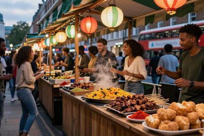 Outdoor food market at dusk with colorful lanterns. People browse stalls offering skewers, rice dishes, and snacks. A red double-decker bus is visible in the background.
