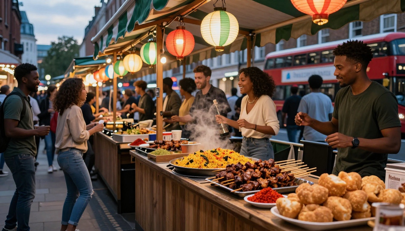 Outdoor food market at dusk with colorful lanterns. People browse stalls offering skewers, rice dishes, and snacks. A red double-decker bus is visible in the background.