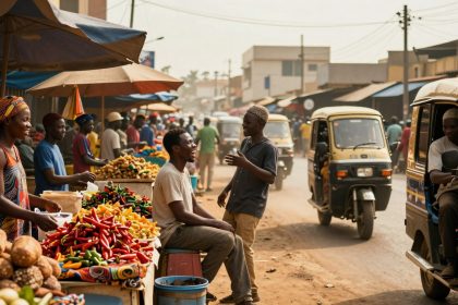 A lively street market scene with vendors selling various produce under large umbrellas. People are interacting, and tuk-tuks are passing by.