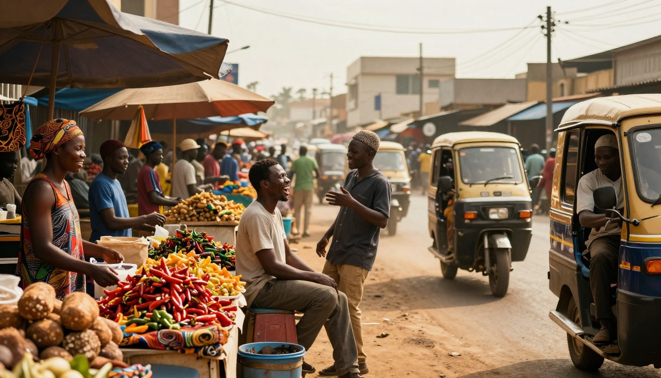 A lively street market scene with vendors selling various produce under large umbrellas. People are interacting, and tuk-tuks are passing by.