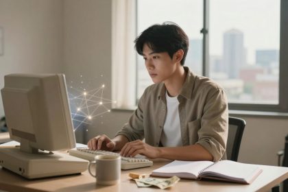 A person in a beige shirt works at a vintage computer, with a network of glowing lines and nodes floating nearby. A notebook, cup, and money sit on the desk. A window shows a cityscape in the background.