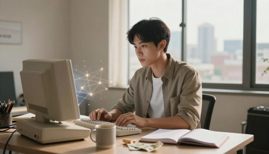 A person in a beige shirt works at a vintage computer, with a network of glowing lines and nodes floating nearby. A notebook, cup, and money sit on the desk. A window shows a cityscape in the background.